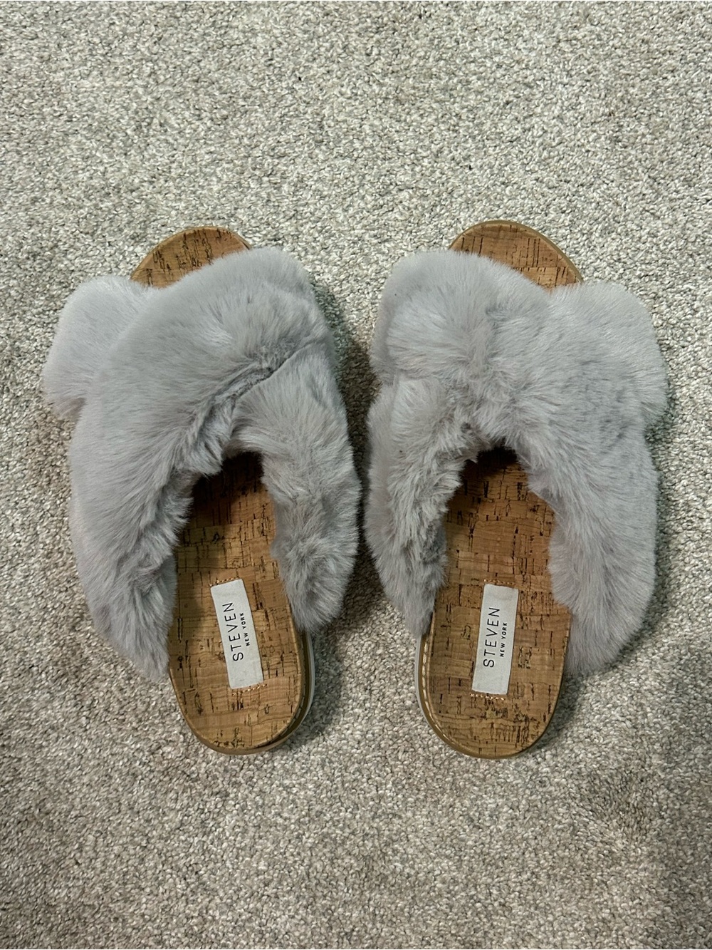 Seven7 Light Gray Faux Fur Cork Slide Sandals